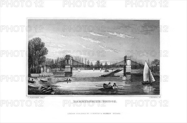 Hammersmith Bridge, Hammersmith, London, 1829.Artist: J Rogers