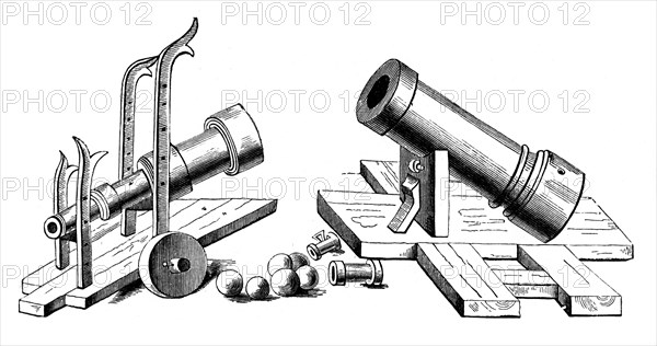 Bombards on fixed and rolling carriages, (1870). Artist: Unknown