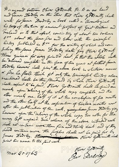 Agreement by Oliver Goldsmith to write for James Dodsley, 31st March 1763.Artist: Oliver Goldsmith