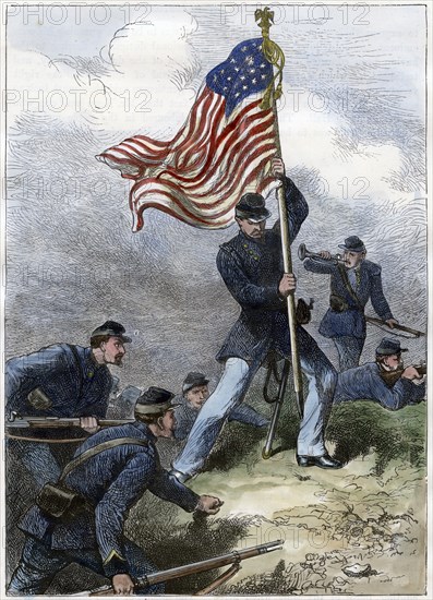 Planting the Union flag on a bastion, Siege of Vicksburg, 1863. Artist: Unknown