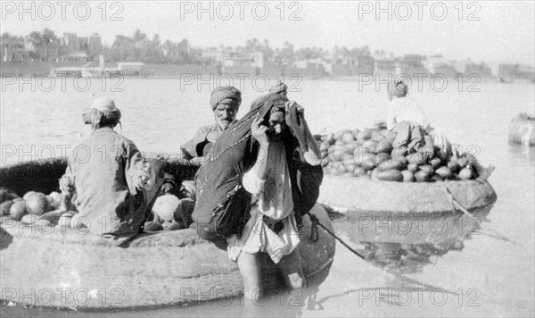 River craft laden with melons, Tigris River, 1917-1919. Artist: Unknown