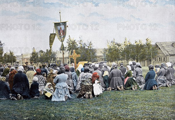 A religious procession in a village, Russia, c1890. Artist: Gillot