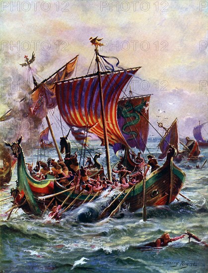 Alfred's galleys attacking the Viking dragon ship, 897 AD, (c1920).  Creator: Harry Payne.