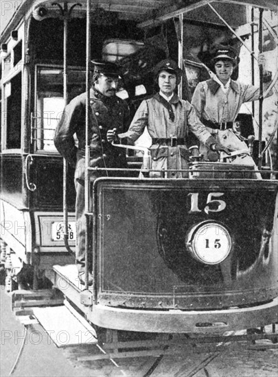 Women learning to drive a tram, 1917, (1936). Artist: Unknown