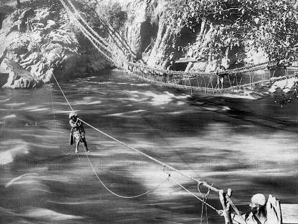 Rope bridge, Jhelum Valley, Kashmir, India, c1900.  Artist: F Bremner