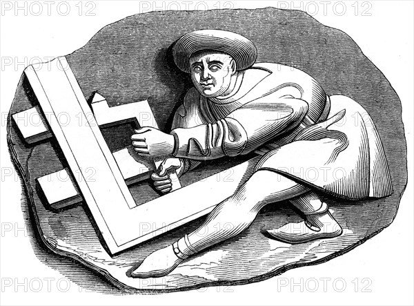 A carpenter's apprentice working at a trial piece, 15th century (1849). Artist: Unknown