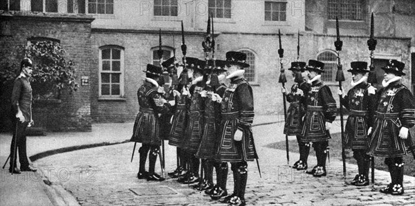 Yeomen Warders on parade at the Tower of London, 1926-1927. Artist: Unknown