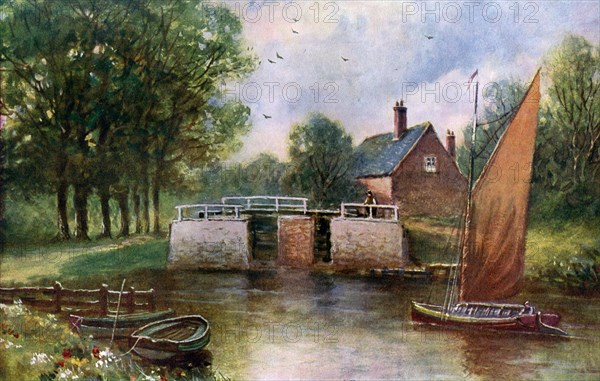 Coltishall Lock, Norfolk, 1924-1926. Artist: John Harrap and Son