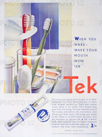 Advert for Tek toothbrushes, by Johnson and Johnson, 1931. Artist: Unknown