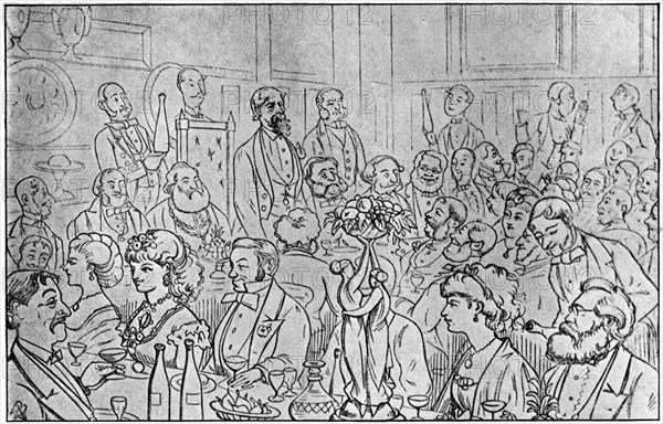 Charles Dickens presiding at the Newsvendors' Dinner, 5th April 1870 (1912). Artist: Unknown