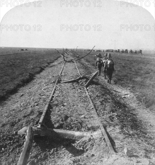 Royal Engineers repairing a railway destroyed by the Boers, Kroonstad, South Africa, 1900. Artist: Underwood & Underwood