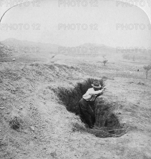 Side view of a Boer trench at the foot of Hlangwane Hill, South Africa, 1901. Artist: Underwood & Underwood