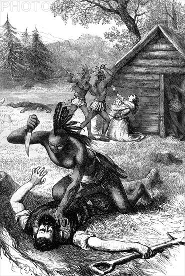 Massacre of settlers by Native Americans, c17th century (c1880). Artist: Unknown