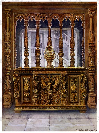 Henry II carved coffer or bahut and oak screen of the same French Period, 1910.Artist: Edwin Foley