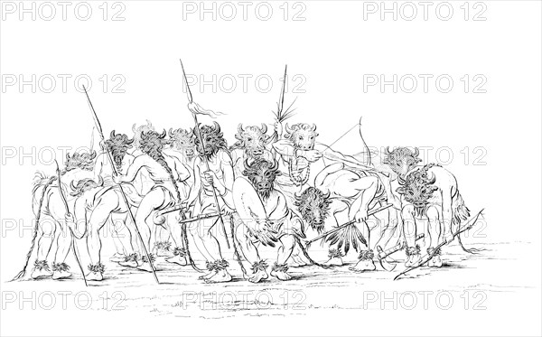 Native American hunters dancing wearing buffalo masks, 1841.Artist: Myers and Co