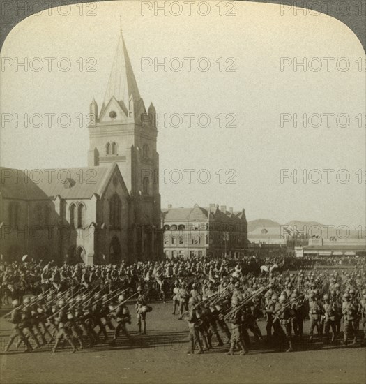 British soldiers reviewed by Lord Roberts, Public Square, Pretoria, South Africa, Boer War, 1900.Artist: Underwood & Underwood