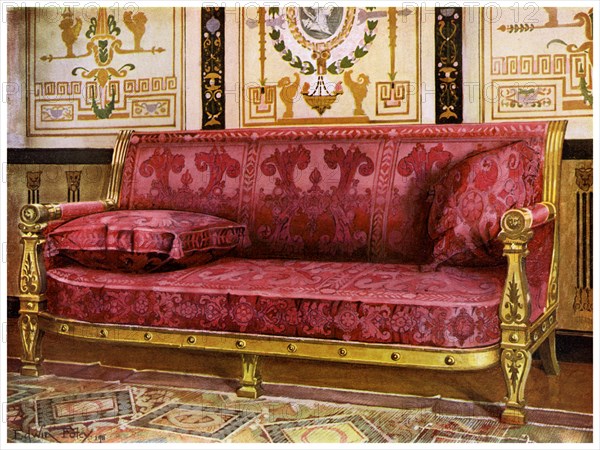 Carved gilt couch covered in rose Brocade de Lyon, 1911-1912.Artist: Edwin Foley