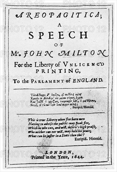 Freedom of the press: title page from the Areopagitica by John Milton, 1644 (1956). Artist: Unknown