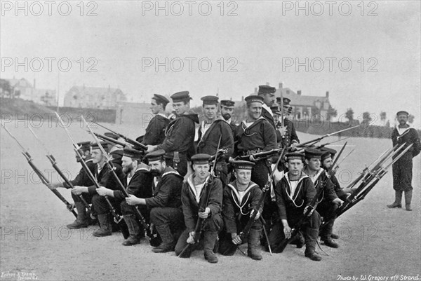 Naval training on shore; forming a 'rallying group', 1896. Artist: W Gregory