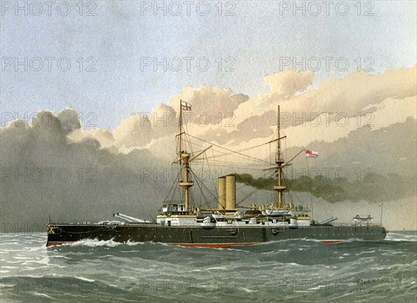 HMS 'Royal Sovereign', Royal Navy 1st class battleship, c1890-c1893.Artist: William Frederick Mitchell