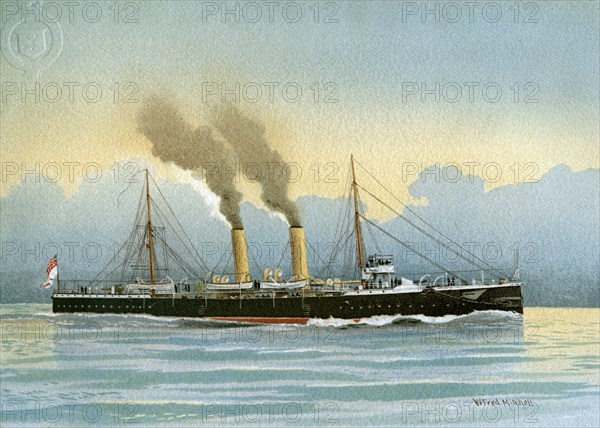 HMS 'Latona', Royal Navy 2nd class cruiser, c1890-c1893.Artist: William Frederick Mitchell