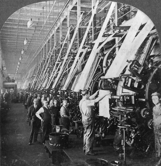 General view of a large printing room in a cotton mill, Lawrence, Massachusetts, USA, 20th century. Artist: Keystone View Company