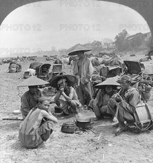 Caravan en route for China camping at Bhamo, Burma, 1908. Artist: Stereo Travel Co