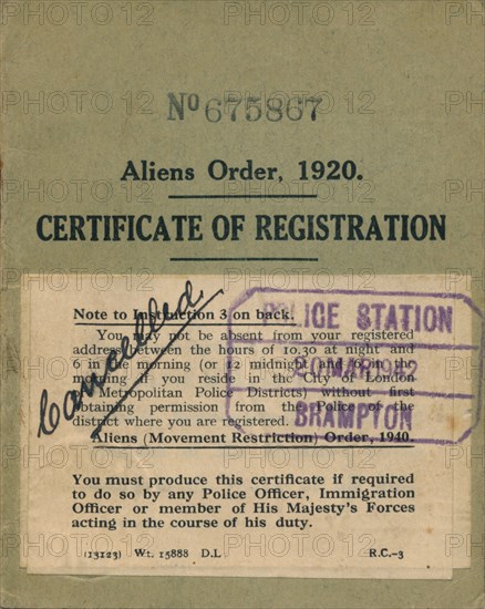 Aliens Order, Certificate of Registration, 1920. Artist: Unknown