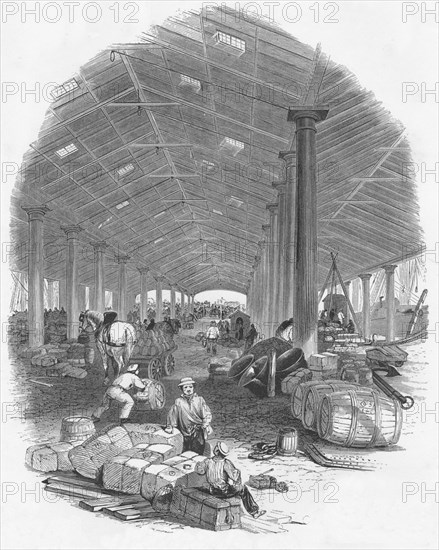 'Wharf Shed of the Trafalgar Dock', Liverpool, England, 1847. Artist: Mason Jackson.