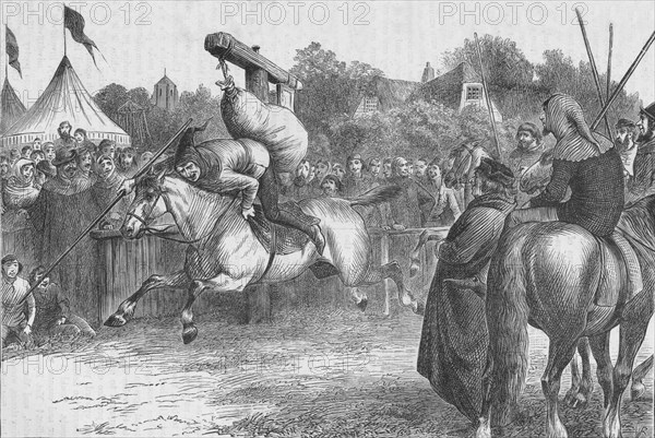 English merry-making in the 14th century: tilting at the quintain, 1905.  Artist: Unknown.