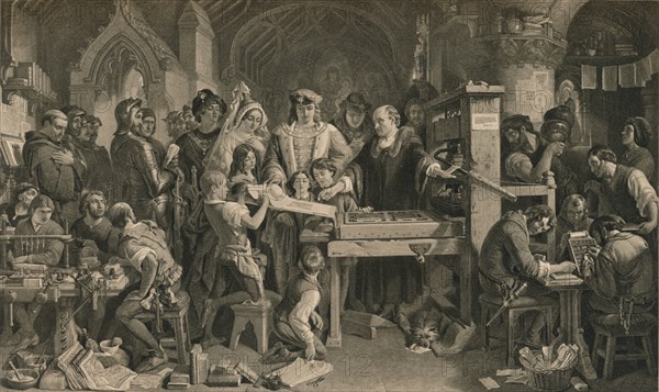 Caxton showing the first specimen of his printing to King Edward IV at Westminster, c1477 (1905). Artist: Unknown.