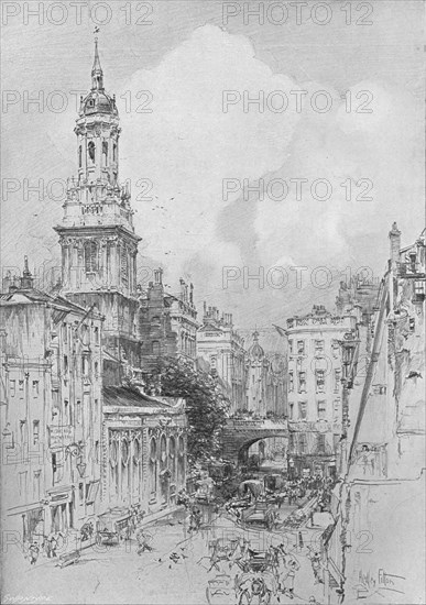 'St Magnus the Martyr showing the dry arch of London Bridge and the remains of the Mermaid Tavern',  Artist: Hedley Fitton.