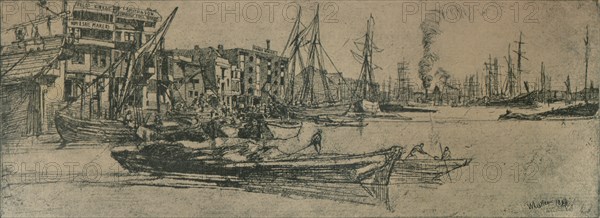 'Thames Warehouses', 1859, (1904). Artist: James Abbott McNeill Whistler.