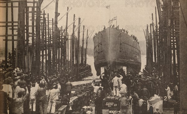 'Launch of H.M.S. Lion in August, 1910', c1910, (1935). Artist: Unknown.