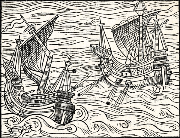 'Engagement Between Two Merchant Ships Off The Coast of Iceland', 1555. Artist: Unknown.