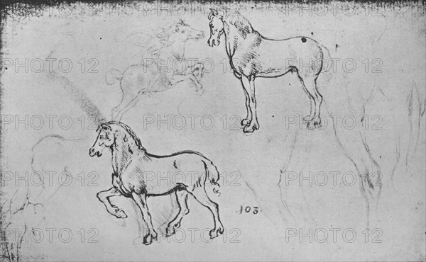 'Two Studies of Horses, One of a Galloping Horseman and Others of Horses' Legs', c1480 (1945). Artist: Leonardo da Vinci.