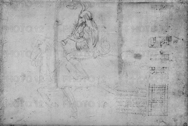 'A Man with the Head of an Elephant Riding on Horseback and Architectural Sketches', c1480 (1945). Artist: Leonardo da Vinci.