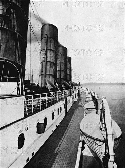 'The boat deck of the Lusitania, showing lifeboats', 1915. Artist: Unknown.