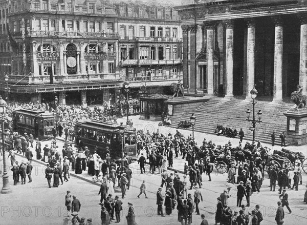 'A view of the Bourse during the passage of the German troops', 1914. Artist: Unknown.