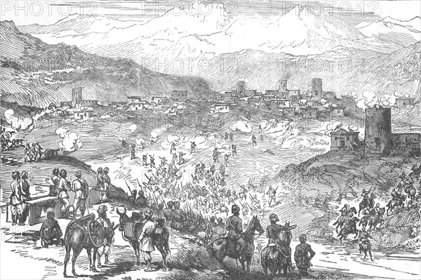 'Attack on an Afreedi Town', c1880. Artist: Unknown.