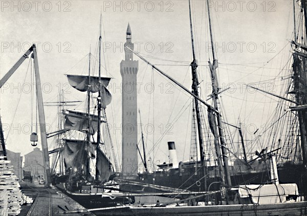 'Grimsby - View of the Docks, with the Hydraulic Tower', 1895. Artist: Unknown.