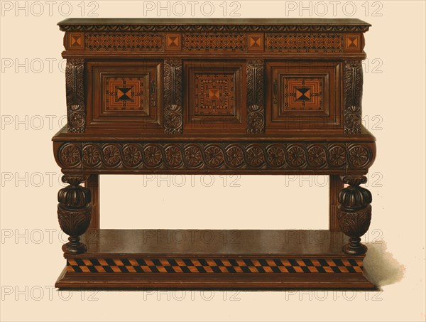 Walnut and oak standing buffet, 1904. Artist: Shirley Slocombe.