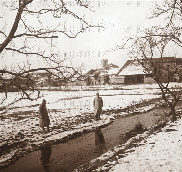 Soldiers by a river, Bernecourt, northern France, c1914-c1918. Artist: Unknown.