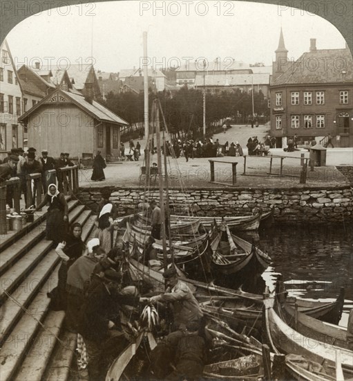 'Buying fish in a busy Arctic trading port, Tromsoe (69° 38' N. Lat.), Northern Norway', 1902. Creator: Unknown.