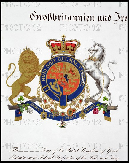 Crest of the King of the United Kingdom of Great Britain and Ireland and Hanover, 19th century. Artist: Unknown