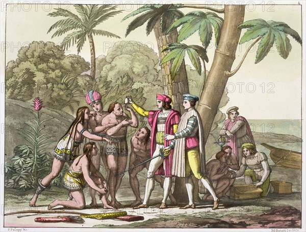 Christopher Columbus with Native Americans, 1492-1503 (c1820-1839). Artist: DK Bonatti