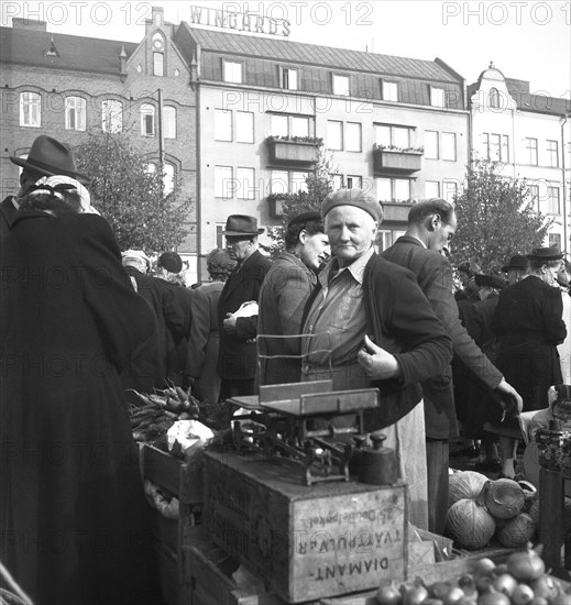 Vegetable stall in the market, Malmö, Sweden, 1947. Artist: Otto Ohm