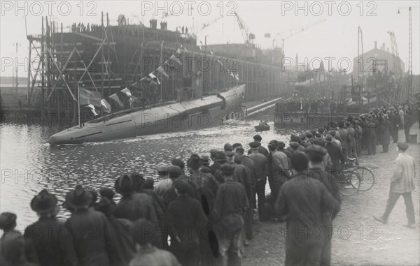 Launching of a submarine, Kockums shipyard, Malmö, Sweden, 1921. Artist: Otto Ohm