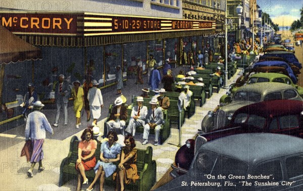 'On the Green Benches, St Petersburg, Florida, The Sunshine City', USA, 1940. Artist: Unknown