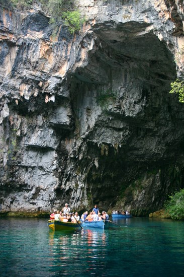 Tourist boat trip, Melissani Lake, Kefalonia, Greece.